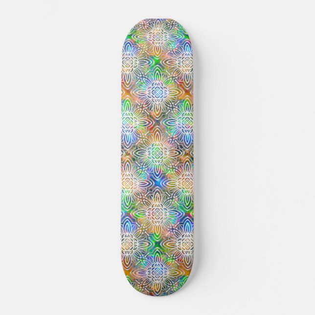 White Mandala Pattern Over Colorful Jewel Tones Skateboard (Front)