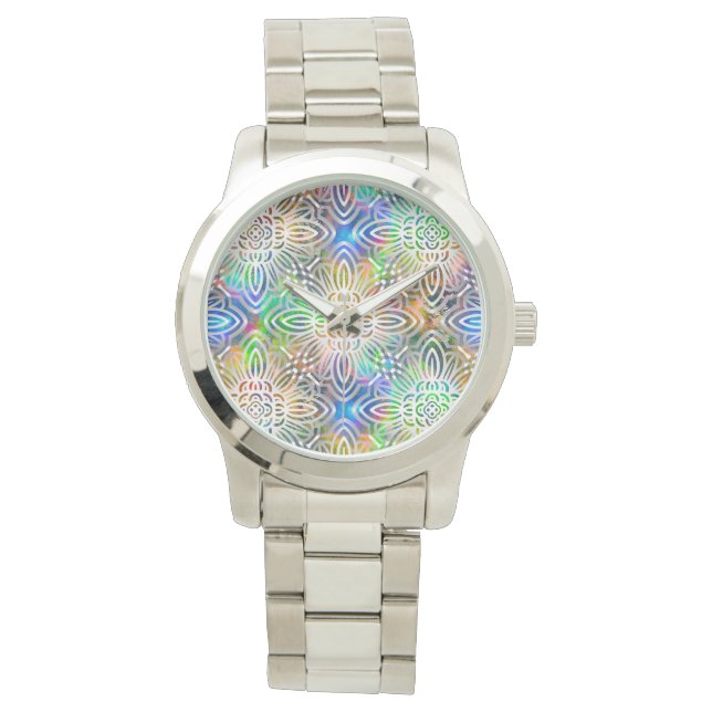 White Mandala Pattern Over Colorful Jewel Tones Watch (Front)