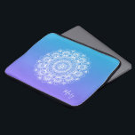 White mandala purple and blue ombre monogram laptop sleeve<br><div class="desc">Elegant white vintage floral ornate mandala over purple and white ombre background.
Optional name monogram.</div>