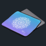 White mandala purple and blue ombre monogram laptop sleeve<br><div class="desc">Elegant white vintage floral ornate mandala over purple and white ombre background.
Optional name monogram.</div>