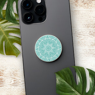 White Mandala Star On Aqua Seafoam Green PopSocket