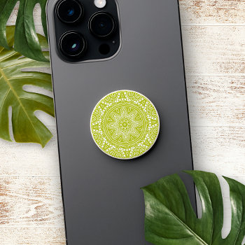 White Mandala Star On Bright Chartreuse Green Popsocket by All_In_Cute_Fun at Zazzle