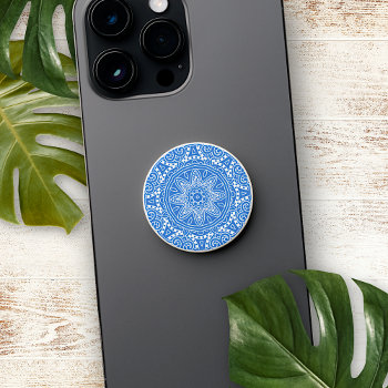White Mandala Star On Bright Cobalt Blue Popsocket by All_In_Cute_Fun at Zazzle