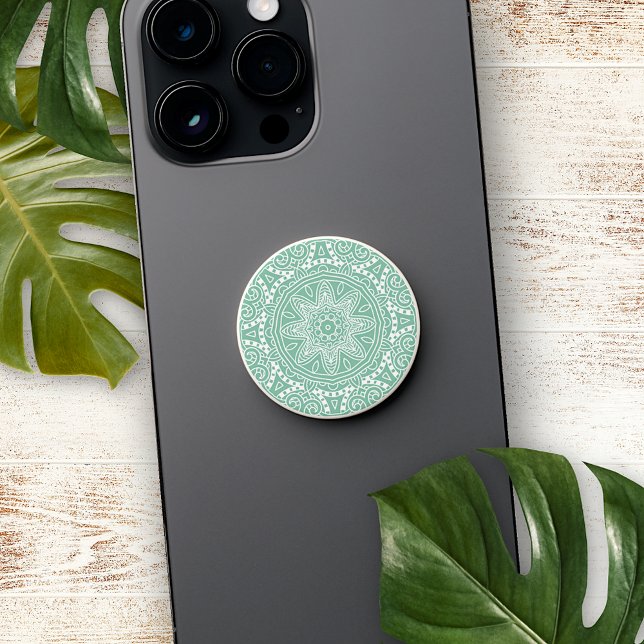 White Mandala Star On Pastel Mint Green PopSocket (Creator Uploaded)