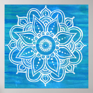 White Mandala Watercolor Blue Green Waves Poster