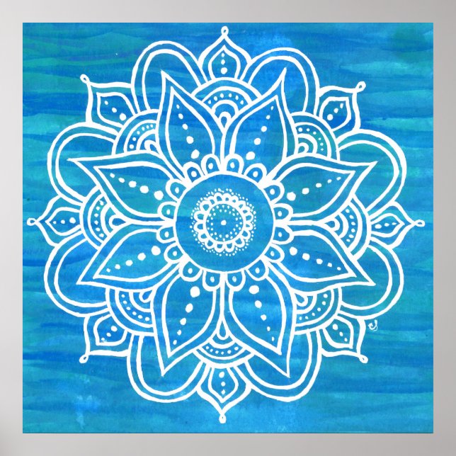 White Mandala Watercolor Blue Green Waves Poster (Front)