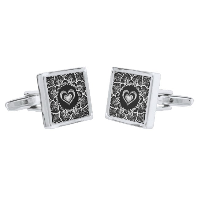 White mandala white faux diamond double-heart cufflinks (Angled)