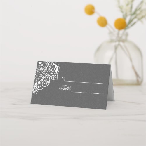 White Mandela On Gray Damask Place Card