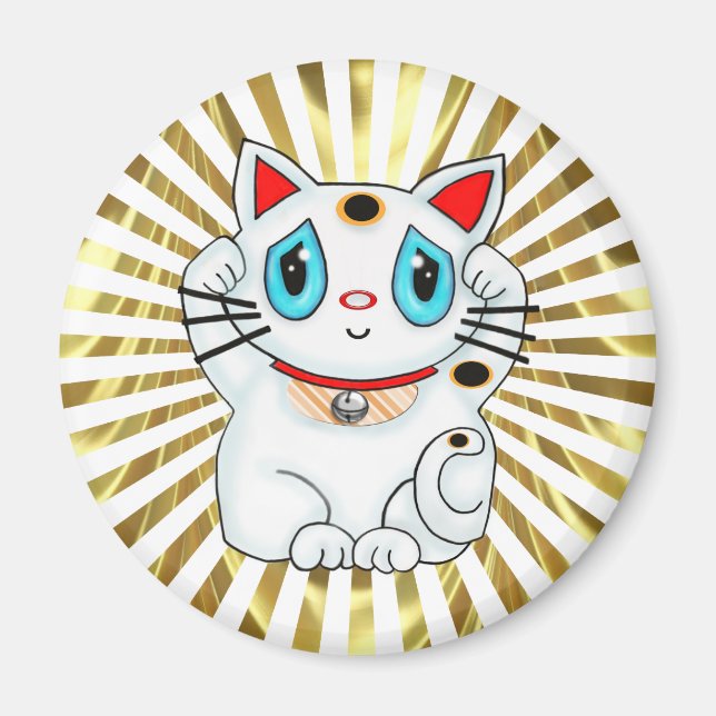 White Maneki Neko Beckoning Good Luck Cat Magnet (Front)