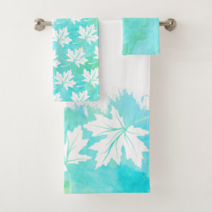 White maple leaf aqua watercolor wash and monogram bath towel set