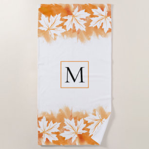 White maple leaf orange watercolor wash, monogram beach towel