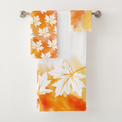 White maple leaf orange yellow watercolor monogram bath towel set