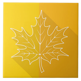 White Maple Leaf Outline on gold Ceramic Tile