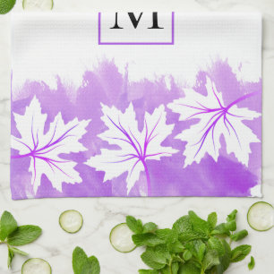 White maple leaf purple watercolor wash, monogram kitchen towel