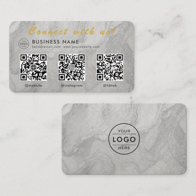 White Marble 3 QR Code Multi Social Business Card (Front/Back)