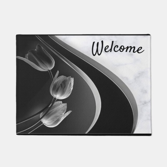 White Marble Abstract Tulips Doormat (Front)