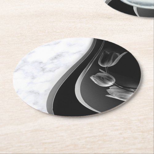 White Marble Abstract Tulips Round Paper Coaster