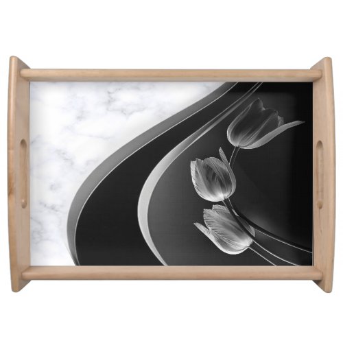 White Marble Abstract Tulips Serving Tray