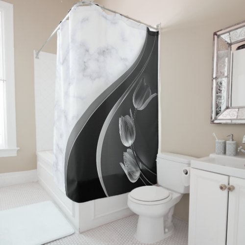 White Marble Abstract Tulips Shower Curtain
