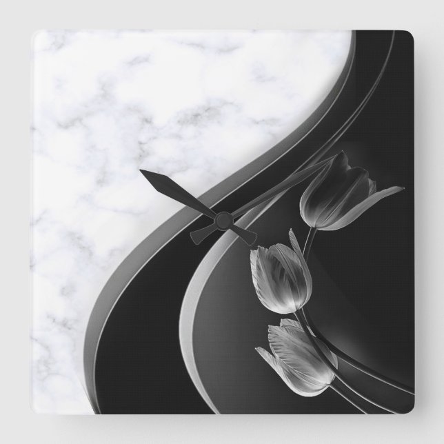 White Marble Abstract Tulips Square Wall Clock (Front)