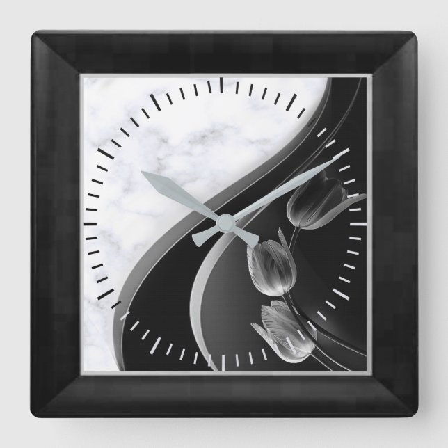 White Marble Abstract Tulips Square Wall Clock (Front)
