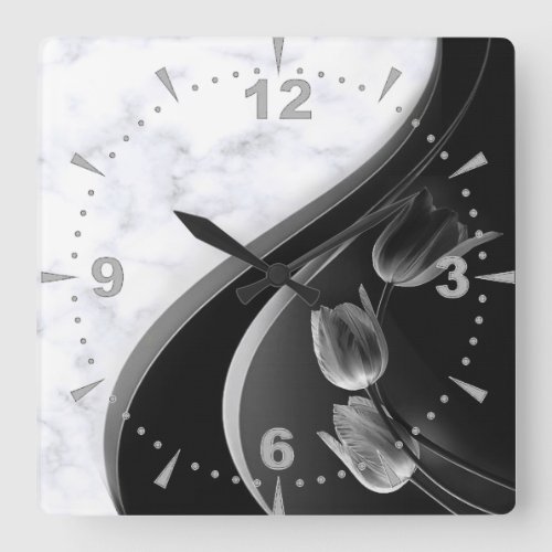 White Marble Abstract Tulips Square Wall Clock