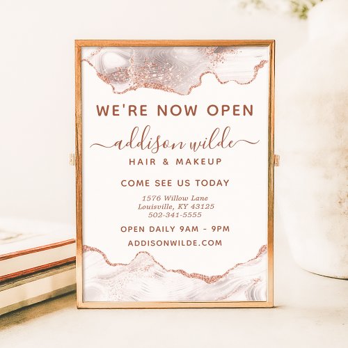 White Marble Agate Rose Gold Glitter Business Poster