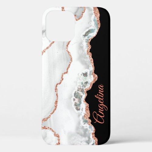 White Marble Agate Rose Gold Glitter Personalized iPhone 12 Case
