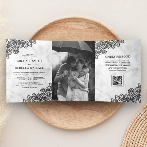 White Marble and Black Lace Photo QR Code Wedding Tri-Fold Invitation