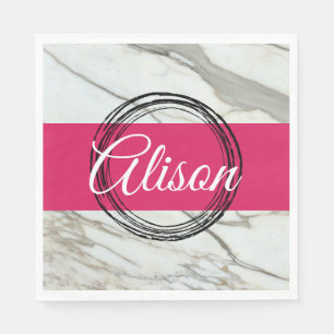 White marble and fuchsia pink add name napkins