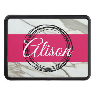 White marble and fuchsia pink girly add name hitch cover