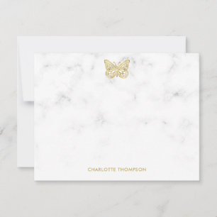White Marble and Gold Butterfly Personalized Note Card