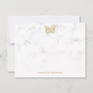 White Marble and Gold Butterfly Personalized Note Card