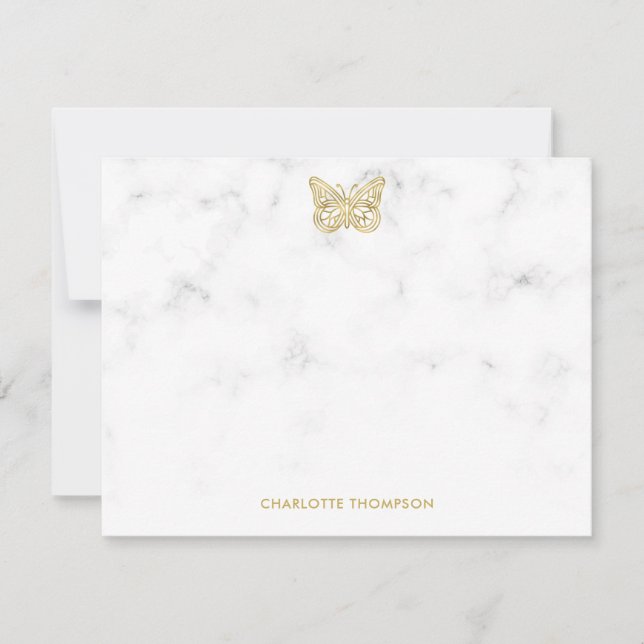 White Marble and Gold Butterfly Personalized Note Card (Front)
