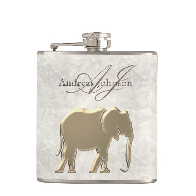 White Marble and Gold Elephant Elegant Monogrammed Flask (Front)