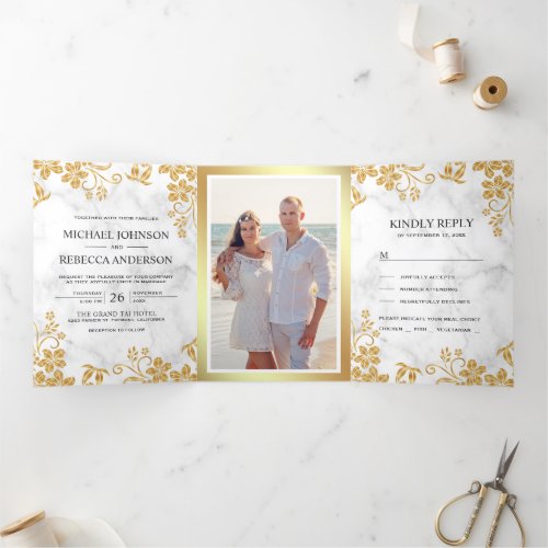 White Marble and Gold Foil Floral Leaves Wedding Tri_Fold Invitation