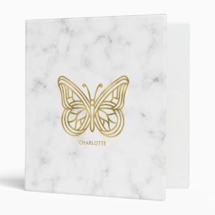  White Marble and Gold Geometric Butterfly 3 Ring Binder