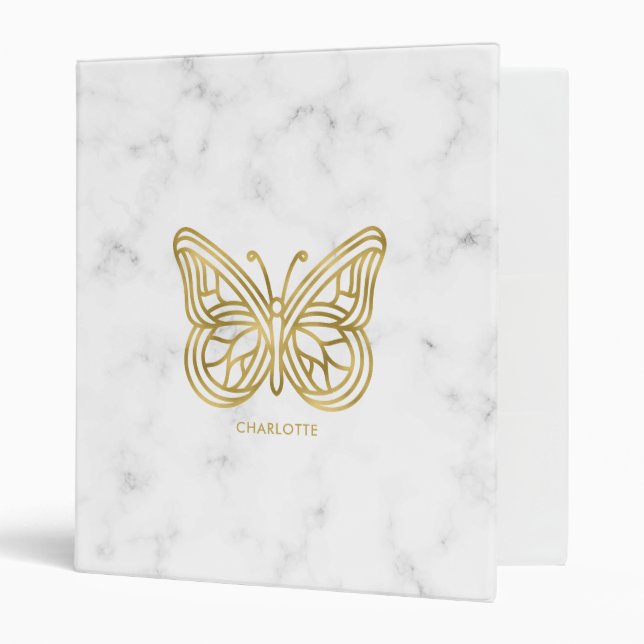  White Marble and Gold Geometric Butterfly 3 Ring Binder (Front/Inside)
