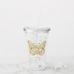 White Marble and Gold Geometric Butterfly Acrylic Tumbler