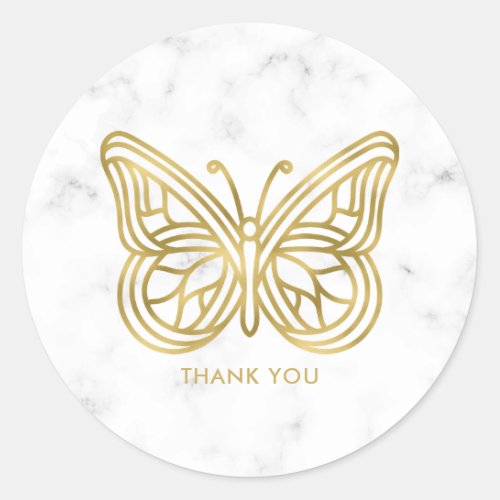 White Marble and Gold Geometric Butterfly Classic Round Sticker