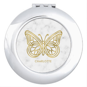 White Marble and Gold Geometric Butterfly Compact Mirror