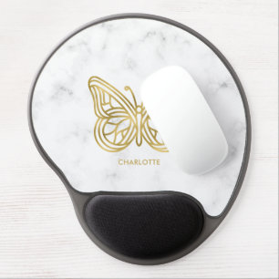 White Marble and Gold Geometric Butterfly Gel Mouse Pad