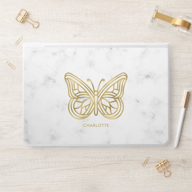 White Marble and Gold Geometric Butterfly HP Laptop Skin (Desk)