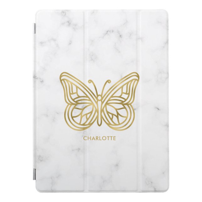 White Marble and Gold Geometric Butterfly iPad Pro Cover (Front)