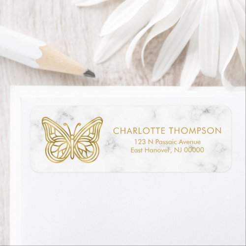 White Marble and Gold Geometric Butterfly Label