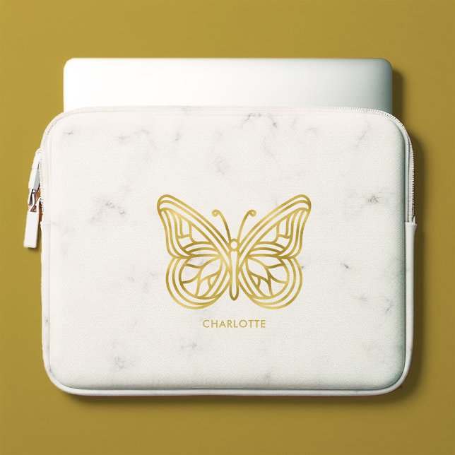 White Marble and Gold Geometric Butterfly Laptop Sleeve (Creator Uploaded)