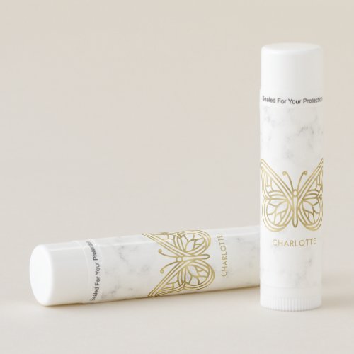 White Marble and Gold Geometric Butterfly Lip Balm