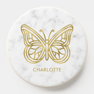 White Marble and Gold Geometric Butterfly PopSocket