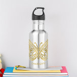 White Marble and Gold Geometric Butterfly Stainless Steel Water Bottle<br><div class="desc">Modern and trendy white marble and printed gold foil geometric butterfly personalized design.</div>