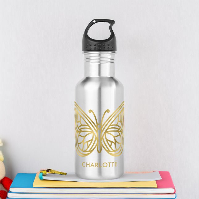 White Marble and Gold Geometric Butterfly Stainless Steel Water Bottle (Creator Uploaded)